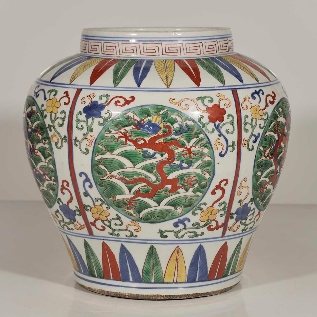Doucai Dragon Jar, 'Kaiyuan Temple' Mark, Wanli, Ming: Extremely rare large doucai jar with dragon design and Kaiyuan Temple mark. Made in year of Yi Mao(1615) by a kiln porcelain artist, name Chen Fucheng for Kaiyuan temple. Height 323mm, 12-4/5"inch