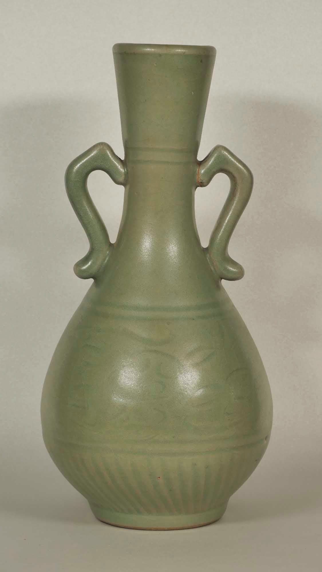 Longquan Vase with Carved Motif, Late Song: Beautiful Longquan celadon vase with handles and carved motif. Height 244mm, 9-3/5"inch