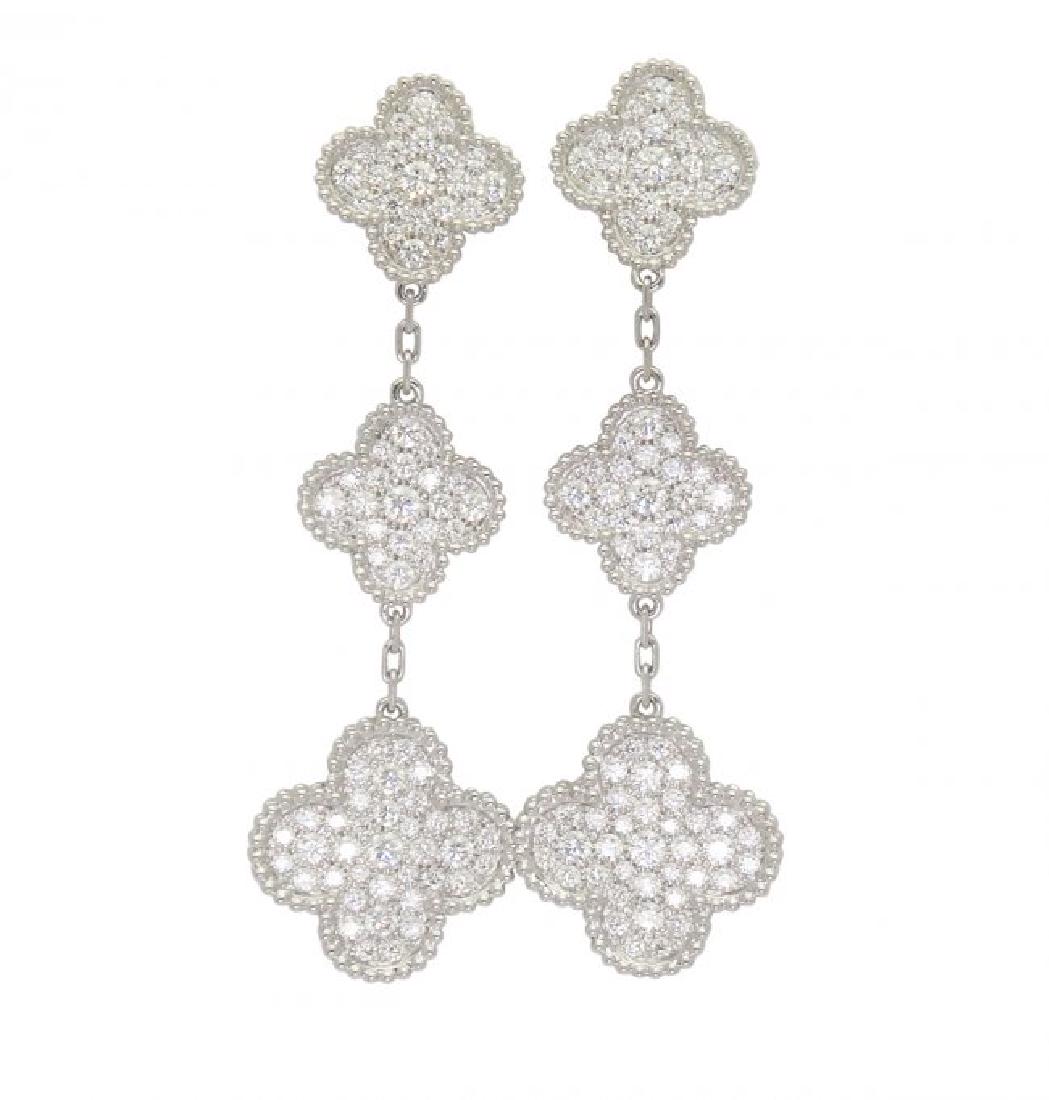 Van Cleef & Arpels 18k Magic Alhambra Diamond Earrings: Van Cleef & Arpels 18k White Gold Magic Alhambra Diamond Earrings featuring 3 Motifs round brilliant diamonds amazing quality VVS TO IF Clarity DEF Color Apx. 158 stones 4.25 TCW. These beauty's weigh