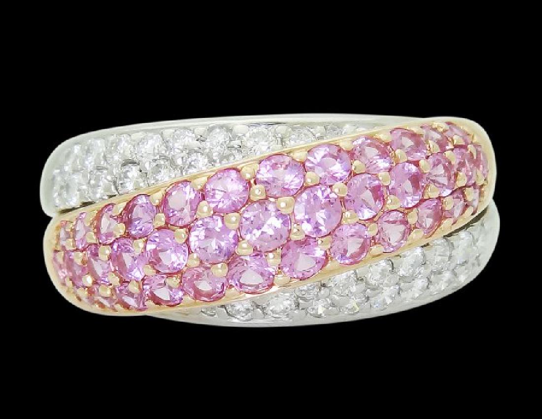 18k Multi Tone Gold & Apx 2.60 VS G Diamond & Pink Ring: Metal:18k Multi-Tone Gold Stones & Gems:32 Diamonds, Approx. 1.00 TCW, VS Clarity, G Color and 37 Pink Sapphires, 1.60 TCW Total Item Weight:7.6 grams Size:6.75 Measurements: 10mm wide