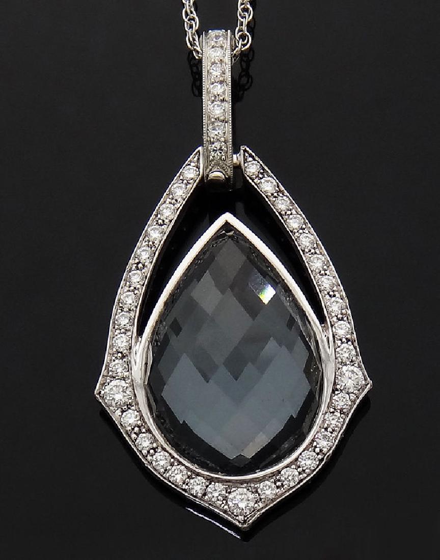 Stephen Webster 18k Diamond Grey Cats Eye Teardrop: Stephen Webster 18k Gold Diamonds Grey Cats Eye Teardrop Pendant Necklace Brand: Stephen Webster Metal: 18k White Gold Stones & Gems: 178 Black Diamonds, 3.58 TCW; 16 White Diamonds, 0.09 TCW Total It