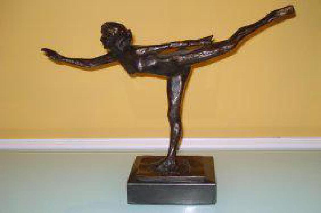 FRENCH EDGAR DEGAS BRONZE SCULPTURE OF NUDE DANCER: FRENCH EDGAR DEGAS BRONZE SCULPTURE OF NUDE DANCER::Bronze sculpture depicting a dancing nude Edgar Degas (FRENCH, 1834-1917). Mounted on black marble plinth. Signed after Degas to Bottom and numbered