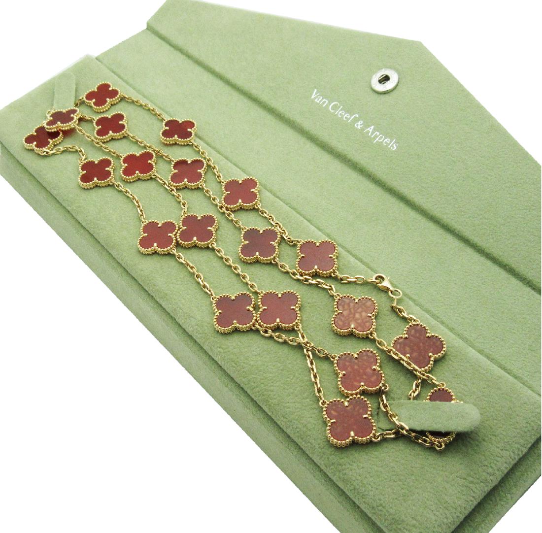 Van Cleef Alhambra 18K Carnelian 20 Motifs Necklace: Van Cleef & Arpels Alhambra 18K Yellow Gold Carnelian 20 Motifs Necklace Weight: 42.4g Motif Measurements: 14.5mm x 14.5mm Length: 32 inches Condition: Excellent