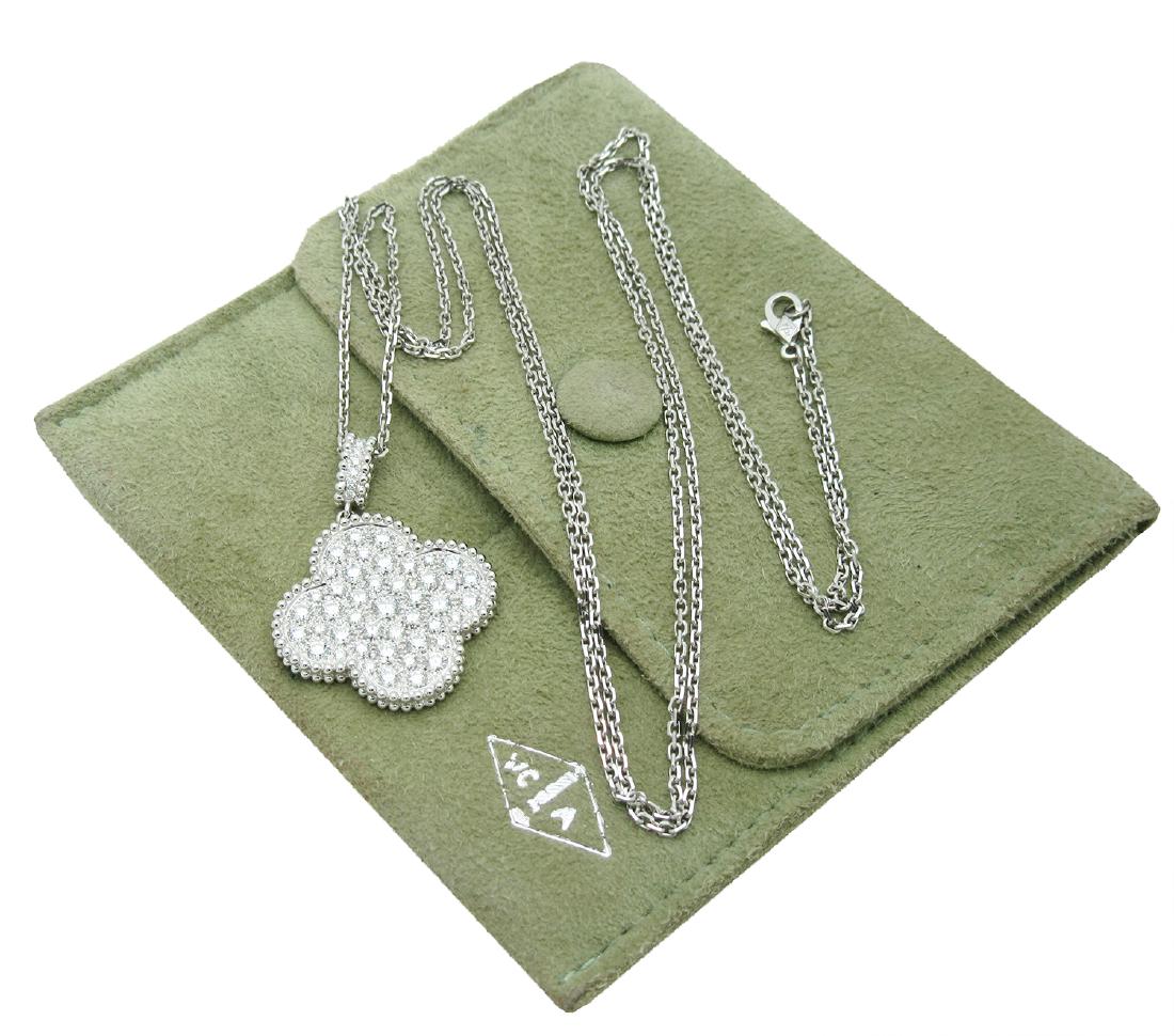 Van Cleef & Arpels White Gold Diamond Magic Alhambra: Van Cleef & Arpels White Gold Diamond Magic Alhambra Long Necklace, 1 Motif Retail price: $27,500.00 Stones Diamond(s) : 60 stones, 2.55 carats Chain length : 36.0 inches. Condition: excellent