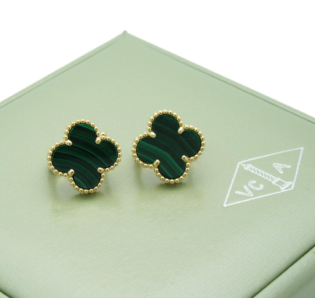 Van Cleef & Arpels Alhambra Malachite Earrings: Van Cleef & Arpels Alhambra Malachite Earrings Metal: 18k Yellow Gold Gemstone: Malachite Measurements: 15mm. x 15mm.