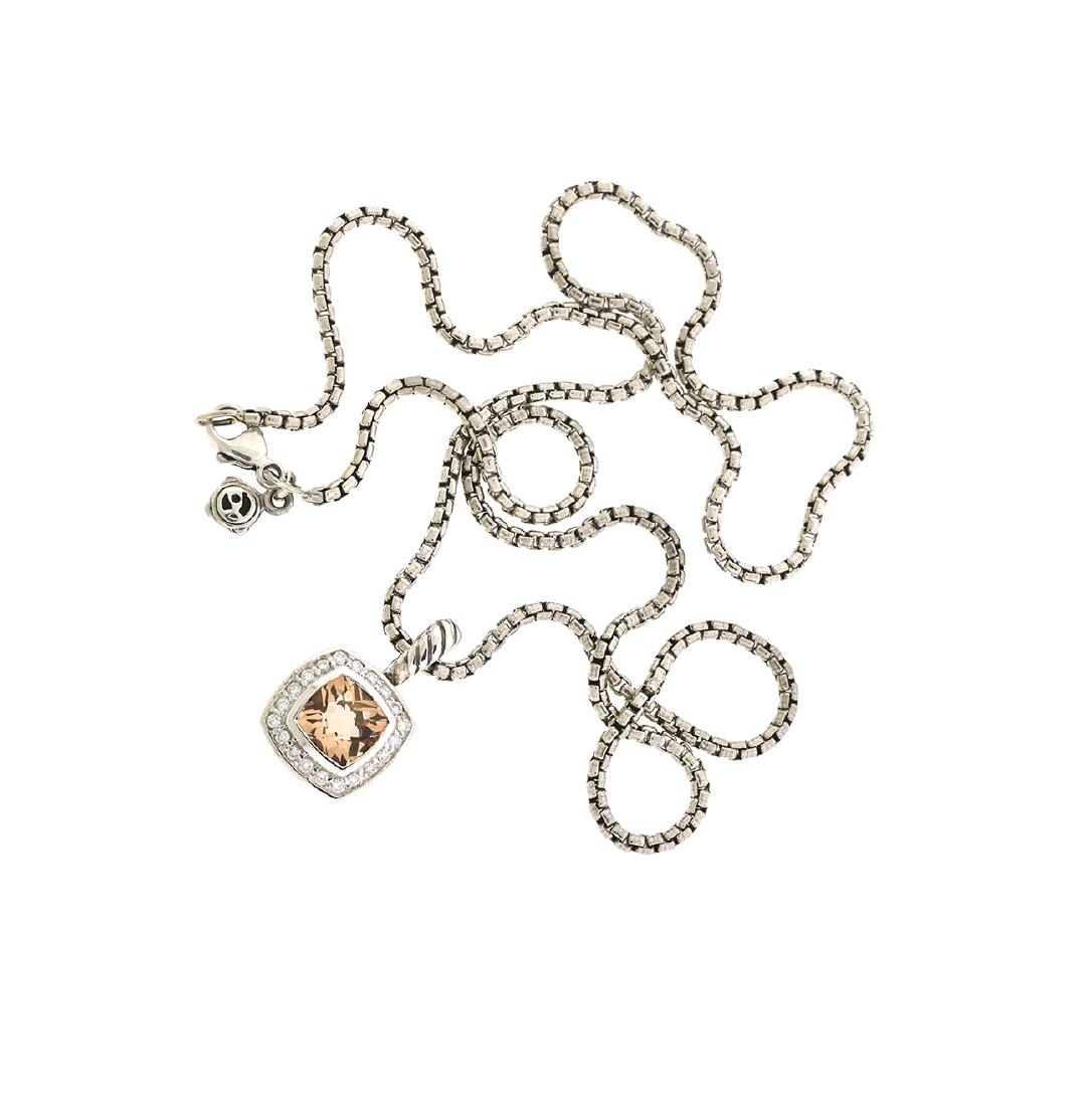 David Yurman Sterling Silver Albion Morganite 7mm &: David Yurman Sterling Silver Albion Morganite 7mm & Diamonds Necklace Retail price: $695 Metal: Sterling Silver Stone: Faceted Morganite (7mm. x 7mm.) Diamonds: 0,17TCW Chain Length: 18” Condition: 