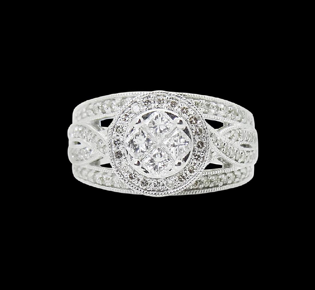 14k Gold Over 1.00 TCW Princess & Round Cut Ring: Metal:14k White Gold Stones & Gems:4 Princess and 97 Round Cut Diamonds, Over 1.00 TCW, I1 Clarity, H - I Color Total Item Weight:6.7 grams Size:6.75 Measurements: 11mm wide
