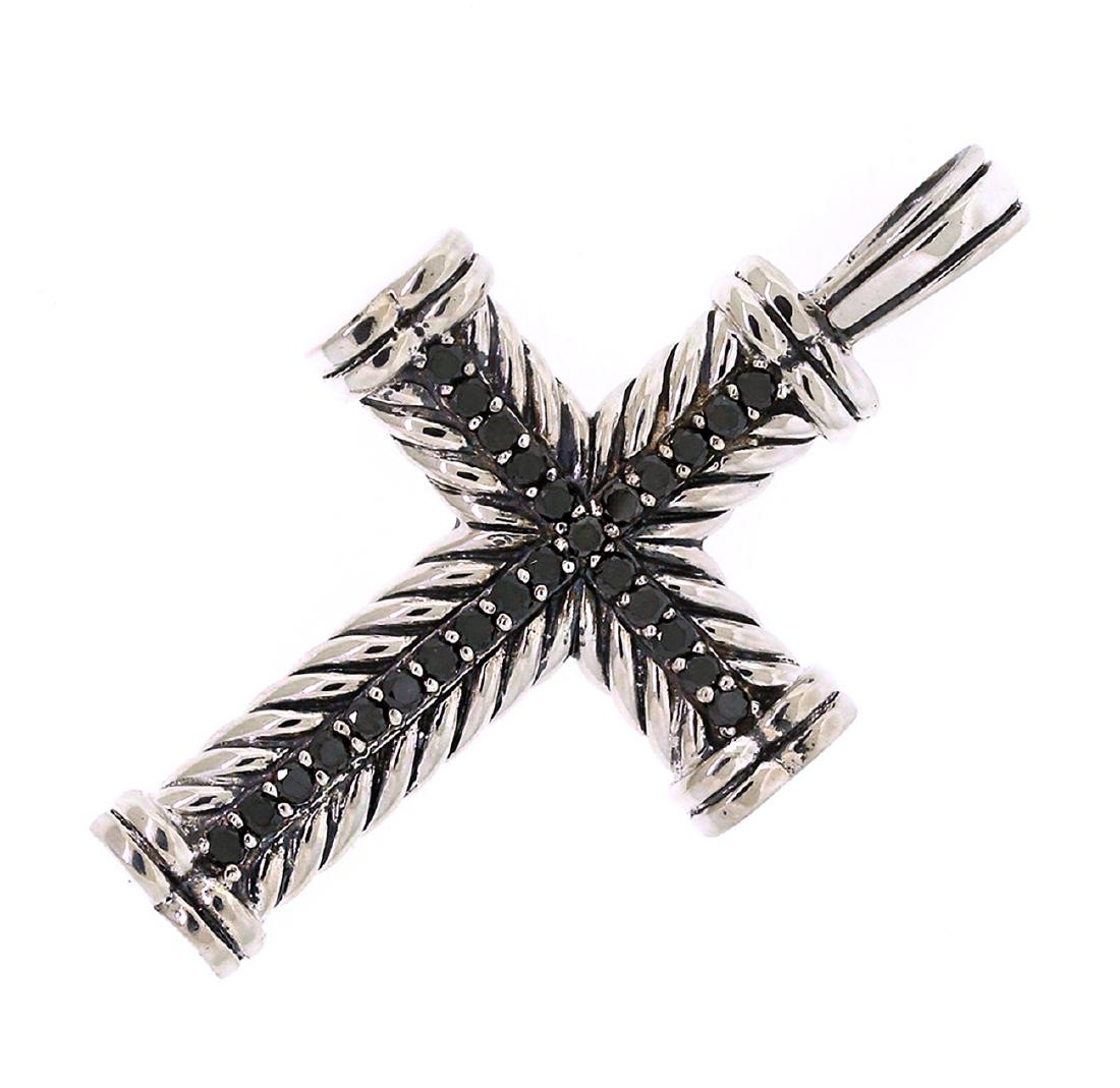 David Yurman Sterling Silver Chevron Black Diamonds: David Yurman Sterling Silver Chevron Black Diamonds Cross Pendant .Metal: Sterling Silver Stone: Black Diamonds 0.65tcw Measurements: 29mm. x 40mm. .Condition: Like new Comes with DY pouch