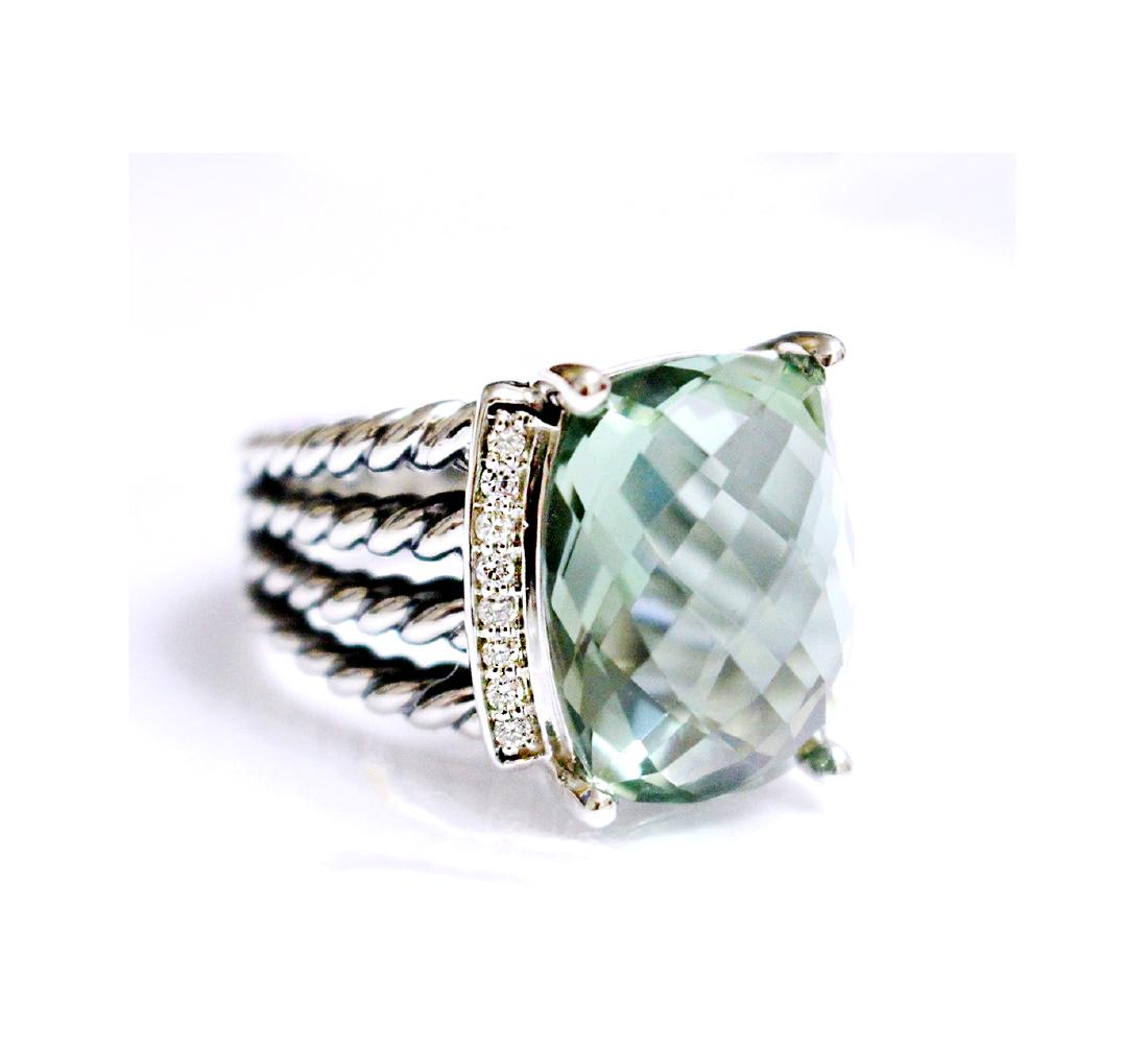 David Yurman 925 Sterling SilverWheaton Ring with: David Yurman 925 Sterling SilverWheaton Ring with Prasiolite and Diamonds Size 7 .Brand: David Yurman .Material: 925 Sterling Silver .Stones: Prasiolite16mm x 12mm .Pavé diamonds, 0.13 total carat we