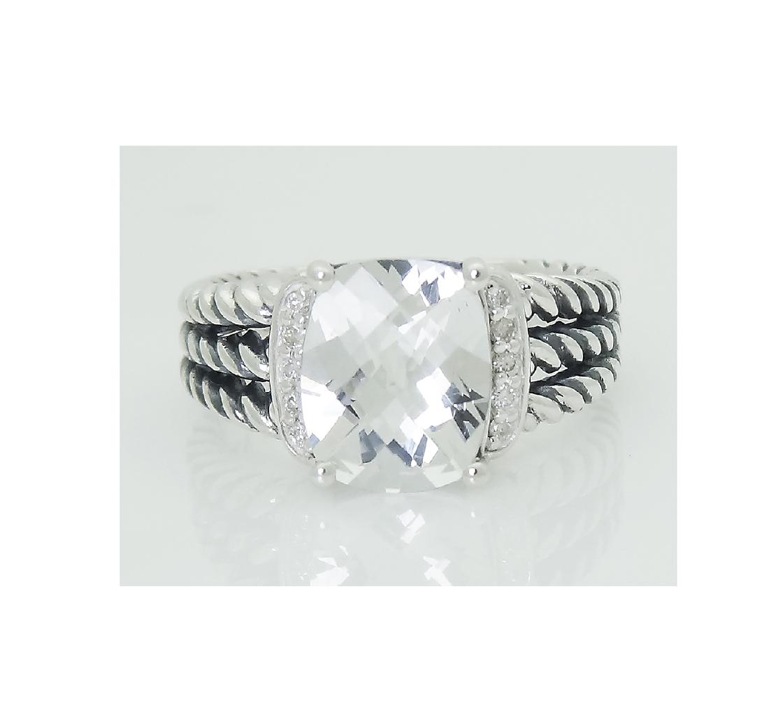 DAVID YURMAN Petite Wheaton Sterling Silver White Topaz: DAVID YURMAN Petite Wheaton Sterling Silver White Topaz and Diamond Ring SZ8 .Brand: David Yurman . Material: 925 Sterling Silver .Stone: Faceted White Topaz 10mm. x 8mm. .Diamond: 0.08TCW .Size: 8 .C
