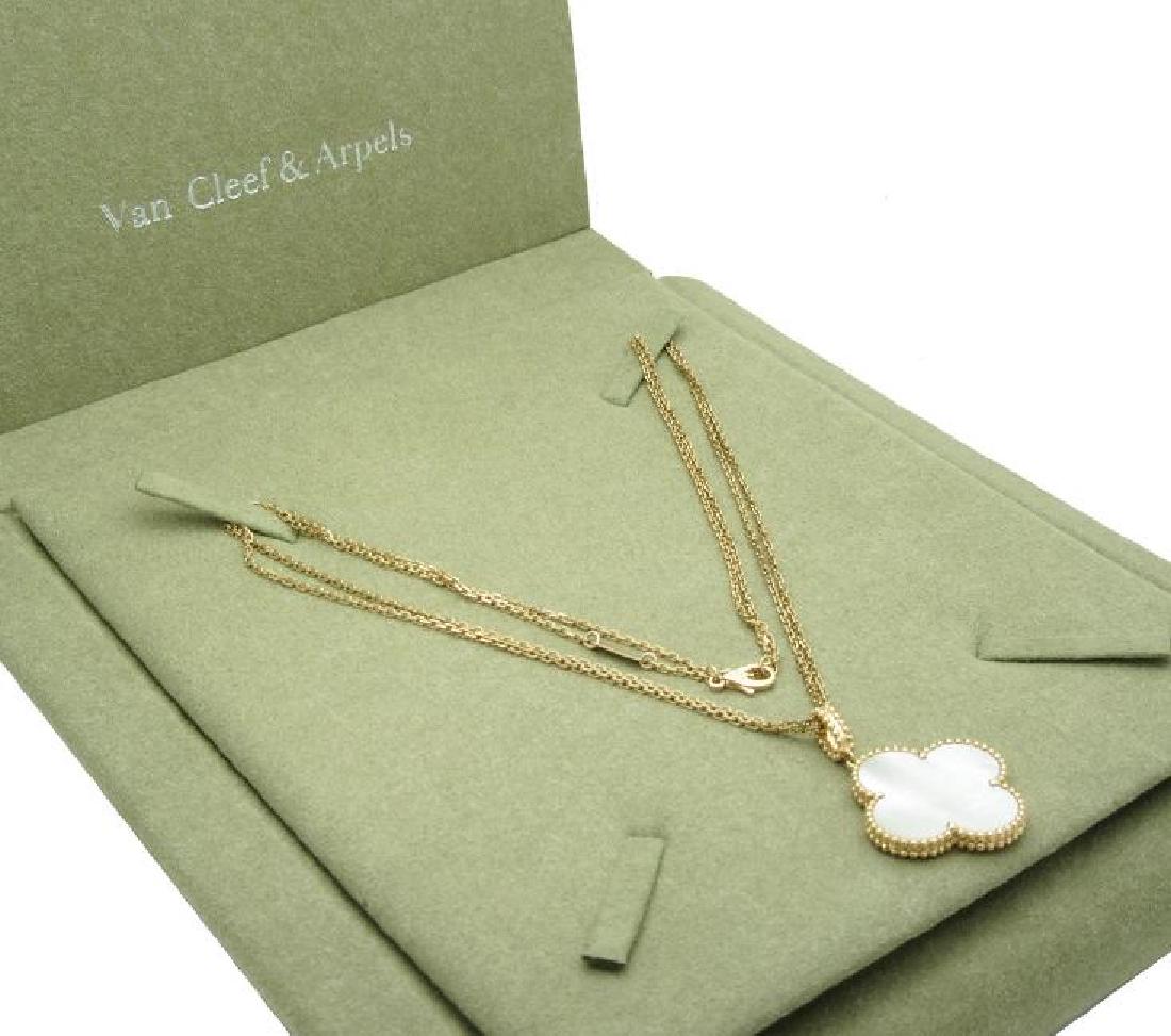 Van Cleef & Arpels Magic Alhambra Mother of Pearl: Van Cleef & Arpels Magic Alhambra Mother of Pearl long necklace, 1 motif Metal: 18k Yellow Gold Stone: Mother of Pearl Motif measurements: 26mm. x 26mm. Chain length: 36" Condition: Very Good pre-owne