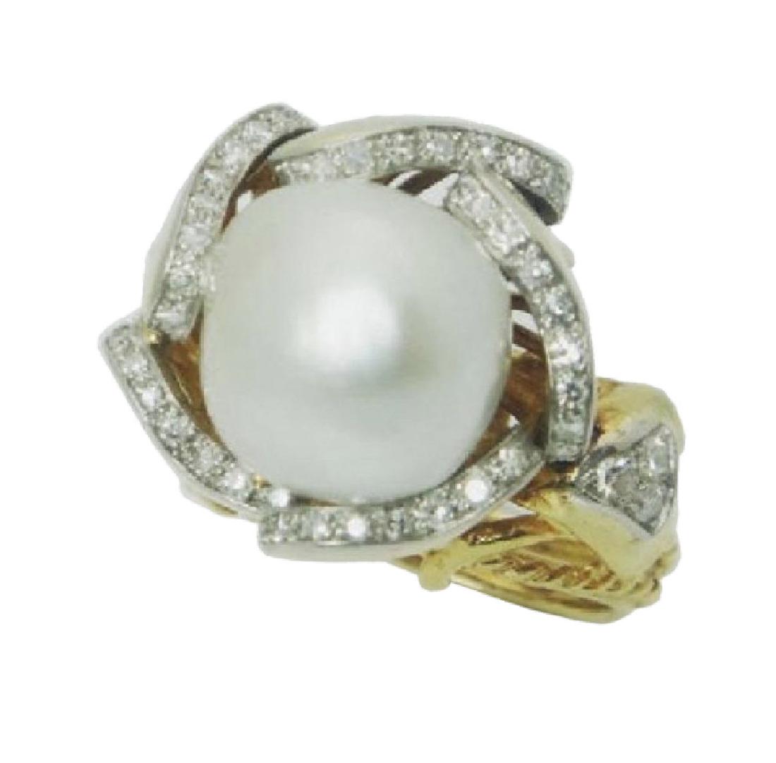 Mauboussin 13mm Pearl 1.00ct Diamonds 18k Gold Ring: Estate Mauboussin 13mm Pearl & 1.00ct VS/FG Diamonds on 18k Yellow Gold Intricately Detailed Ring size 6.25:Precious Metal: 18k Yellow Gold:Main DIAMOND Shape: Brilliant Round cut:Diamond Total Carat