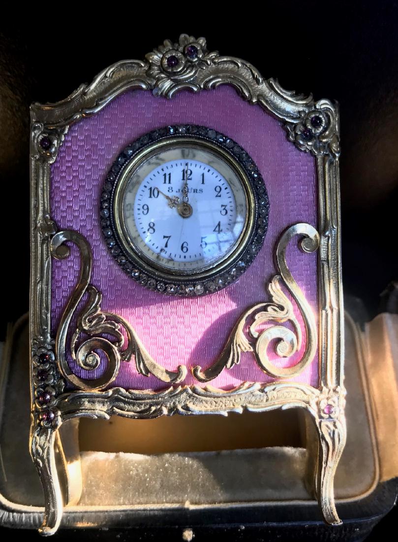 Russian Boucheron Miniature Silver Enamel Clock: Russian Boucheron miniature silver enamel clock Stamped and Marked Size . 86 x 55 x 29mm Weight . 164gr