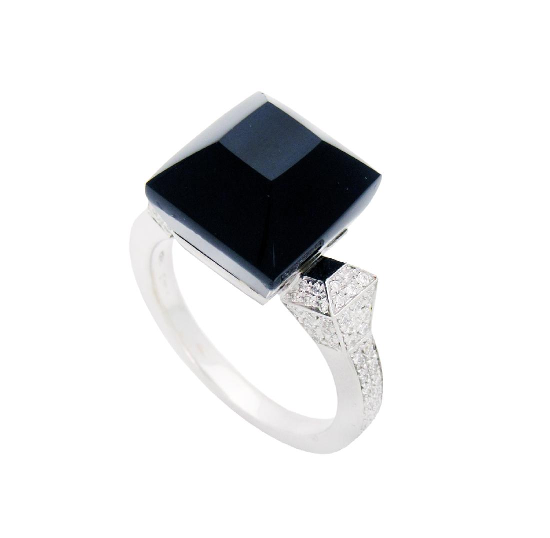 Gucci Chiodo Black Onyx Diamond Ring in 18k White Gold: Brand: Gucci Metal: 18k White Gold Gemstone: Black Onyx Diamond: 1.63 tcw Size: 8.5 Width: 2mm-13mm.:Condition: Pre-owned, very good Comes as is, no original packaging