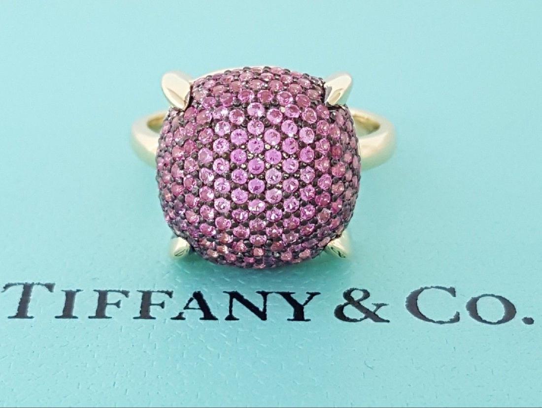 Tiffany & Co Paloma Picasso 18K Gold Pink Sapphire Ring: Tiffany & Co. Paloma Picasso Sugar Stacks 18K Yellow Gold Round Cut Pink Sapphire Fashion Ring (Large). The ring weighs 6.6 grams and is size 5. The ring contains Round Cut Sapphires weighing 0.85 ct,