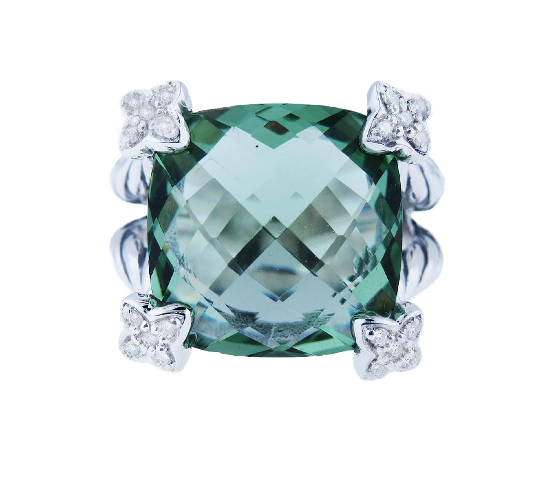 DAVID YURMAN Cushion On Point 15mm Prasiolite Diamond: DAVID YURMAN Cushion On Point 15mm Prasiolite Diamond Ring Size 6: :Brand: David Yurman :Metal: Sterling Silver:Gemstone: Prasiolite 15mm:Diamond:Size: 6:Very good condition.:Comes with original DY po