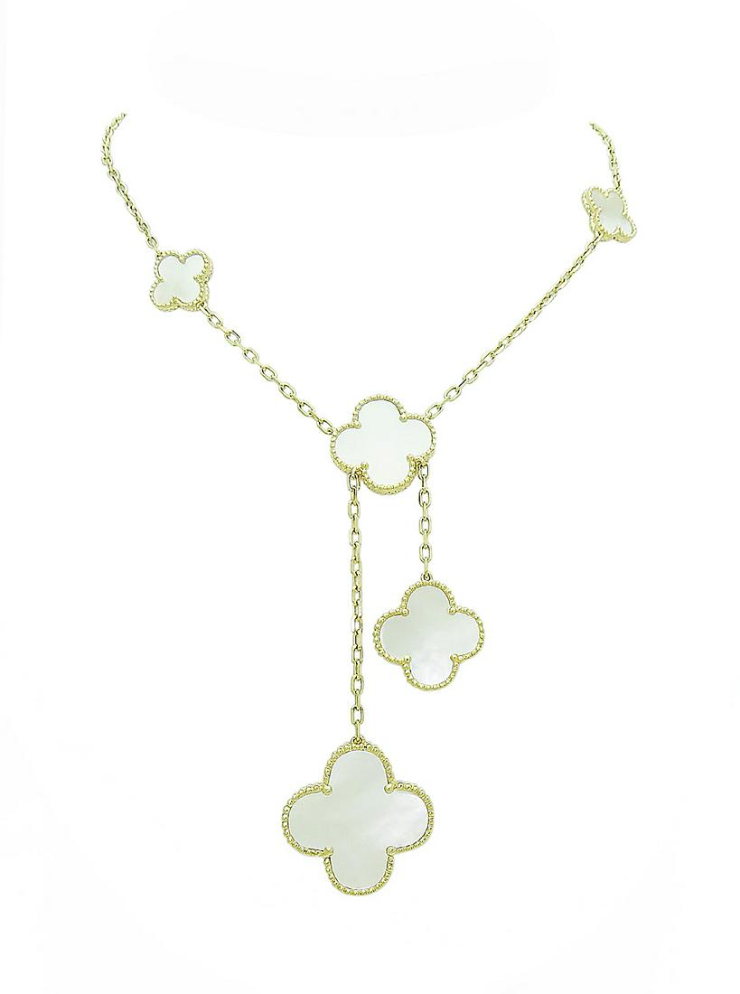 Van Cleef & Arpels 18k Magic Alhambra 6 Motif Mother Of: Van Cleef & Arpels Magic Alhambra 18k Yellow Gold 6 Motif Mother Of Pearl Necklace. Designed in 2006. This Necklace is 16 inches long & 2.5 inch drop, weighs 17.1 grams, motif width is Apx. 14mm - 23m