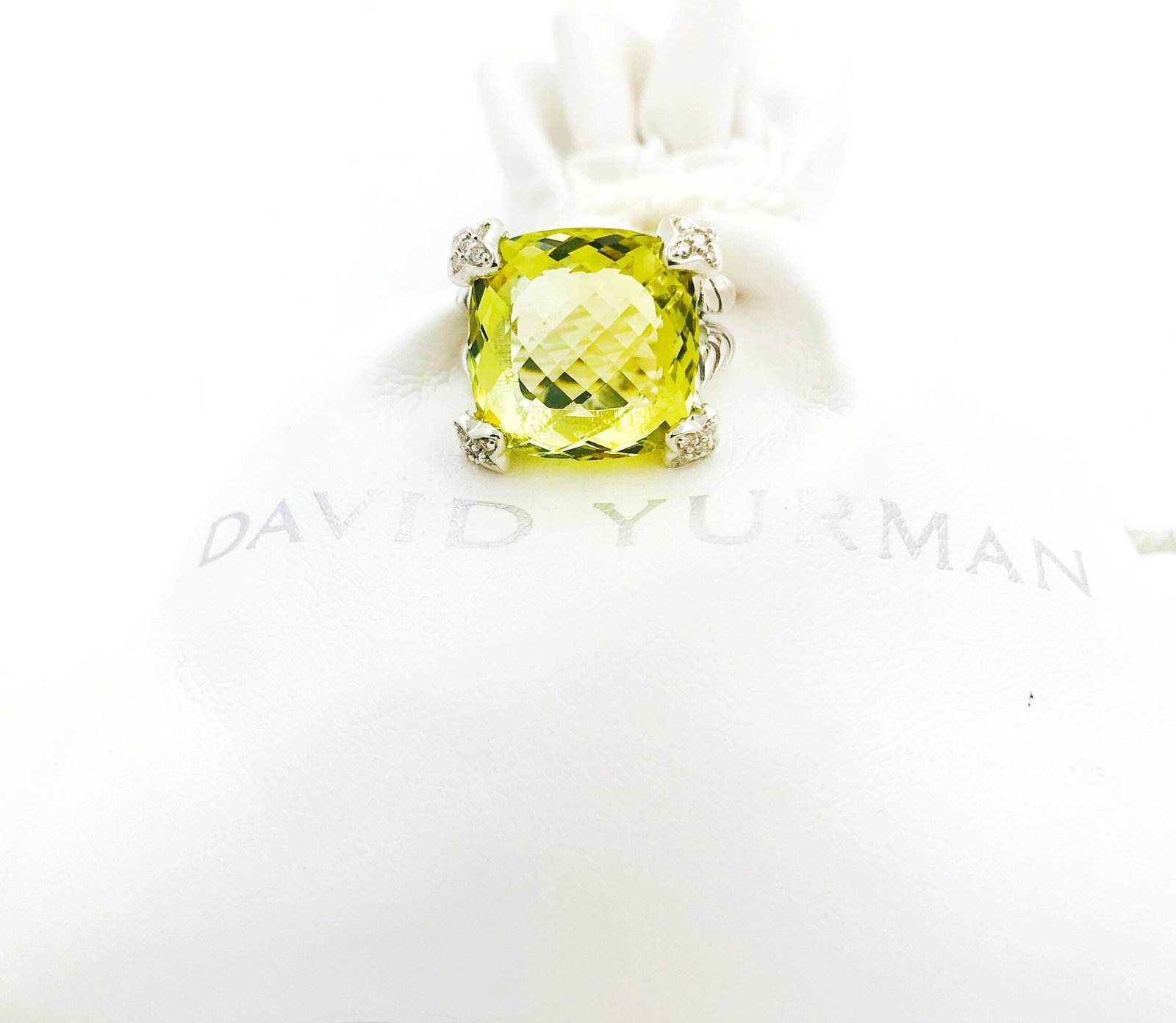 David Yurman Parsiolite Cushion Diamond Ring Sz 5.5: David Yurman Parsiolite Cushion On Point Ring with Diamonds Sterling Silver 925 Pave Diamonds 14mm Stone size Ring Size 5.5 $975.00