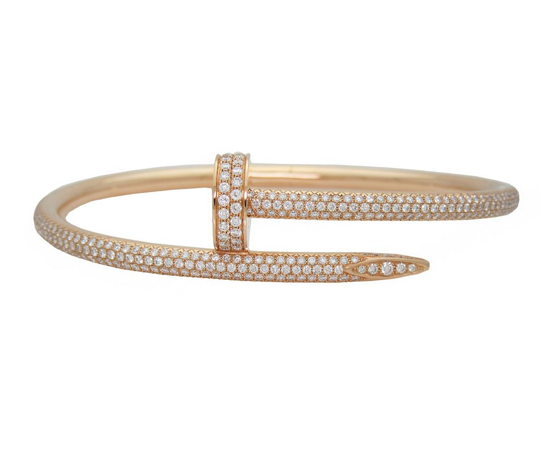 Cartier JUSTE UN CLOU PINK GOLD DIAMOND BRACELET: Cartier JUSTE UN CLOU BRACELET PINK GOLD, DIAMONDS Retail price: $43,600 Metal:18k Pink Gold Diamond: 2.26tcw Size:17 Condition: Excellent