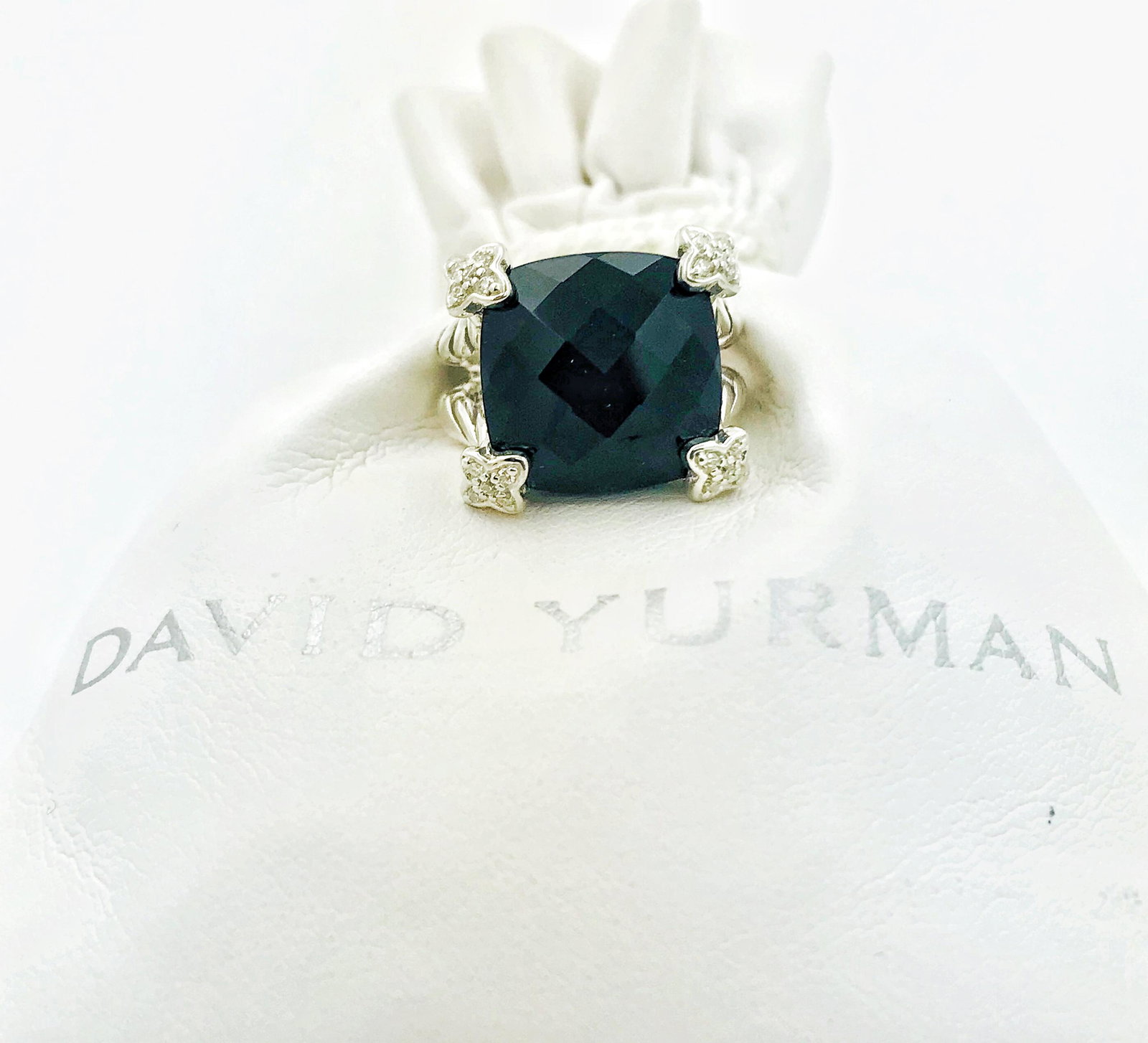 David Yurman Onyx Cushion Diamond Ring Sz 5: David Yurman Black Onyx Cushion On Point Ring with Diamonds-Sterling Silver 925 Pave Diamonds 14mm Stones Size Ring Size 5 $975.00