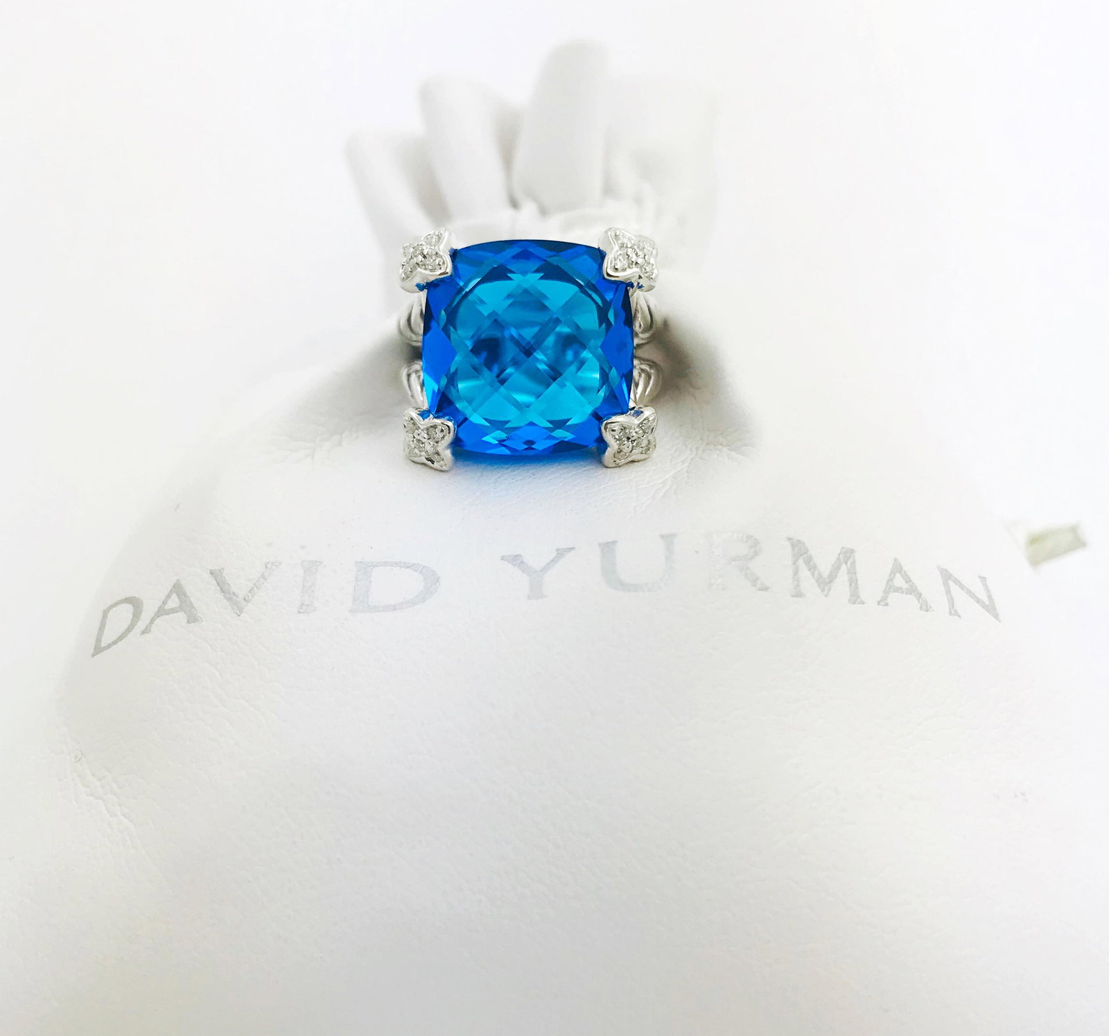 David Yurman Blue Topaz Cushion Diamond Ring Sz 5: David Yurman Blue Topaz Cushion On Point Ring with Diamonds Sterling Silver 925-Pave Diamonds 14mm Stones Size Ring Size 5 $975.00