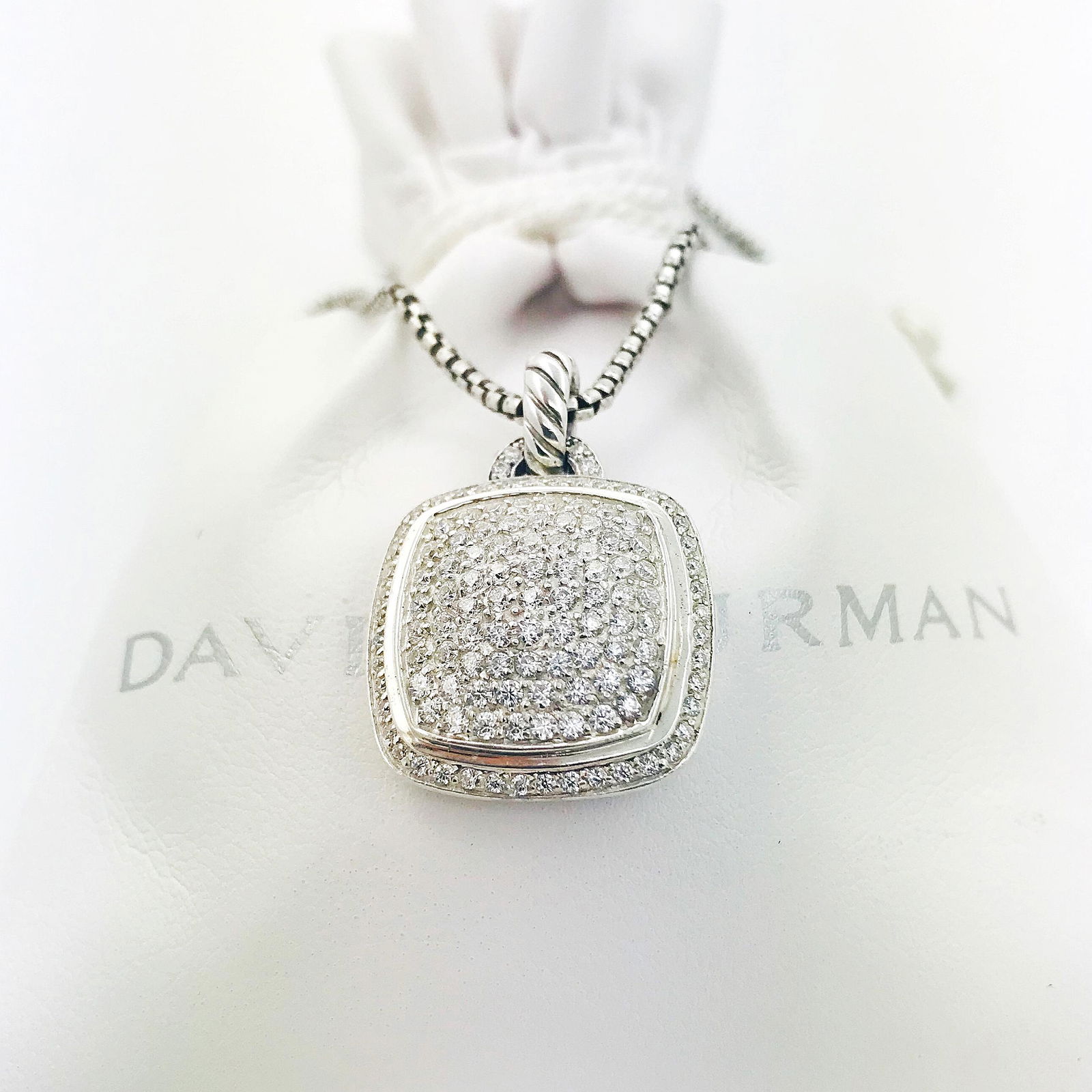 David Yurman Albion Diamond Pendant: David Yurman Albion Pendant with Diamonds Sterling Silver 925 Pave Diamonds -Center 14x14 Chain Size 18" $2,950.00