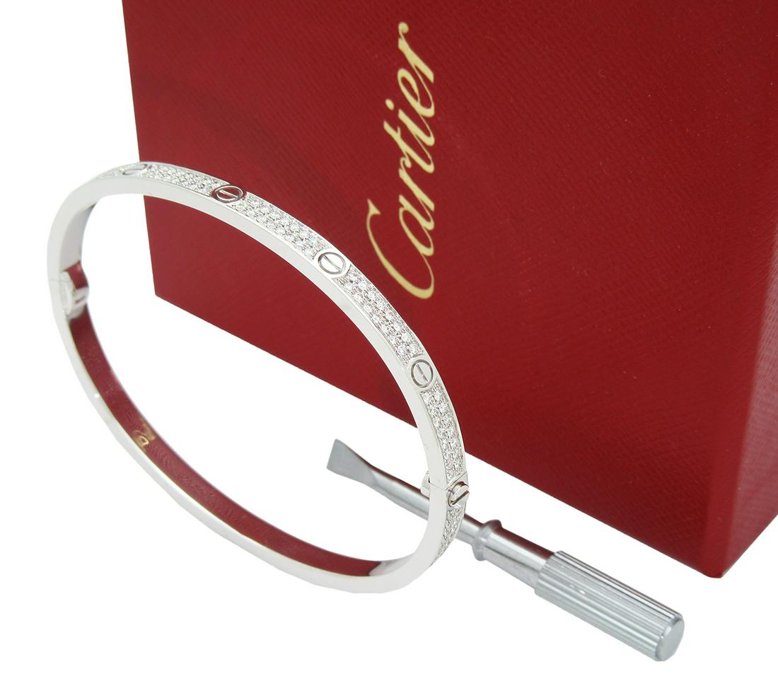Cartier 18k PAVÉ DIAMOND LOVE BRACELET SMALL MODEL: Cartier 18k White Gold LOVE BRACELET SMALL MODEL PAVÉ DIAMONDS Retail: $24 900 (excl.taxes)-Love bracelet, small model, 18K white gold, set with 177 brilliant-cut diamonds totaling 0.95 carats. Sold 