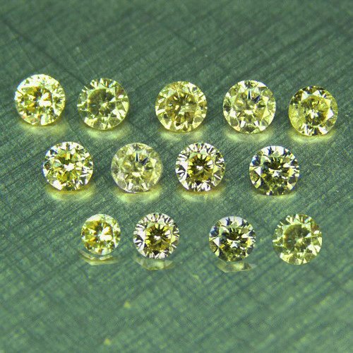 Set of 13 - 0.52 ct. Fancy Yellow Diamond Lot UNTREATED: Set of 13 - 0.52 ct. Fancy Yellow Diamond Lot - SI-I - UNTREATED Cut - Round Brilliant Color - Fancy Yellow Clarity - SI-I Ct. Weight - 0.52 ct. Number of diamonds - 13 