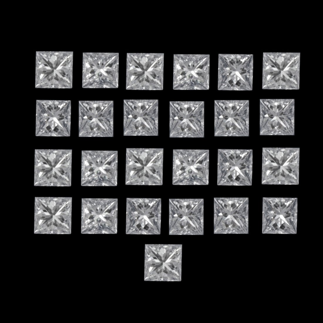 Set of 25 - 0.75 ct. Princess Cut Diamonds - UNTREATED: Set of 25 - 0.75 ct. Princess cut Diamonds - G-H / I - UNTREATED Cut - Princess cut Color - G-H Clarity - I Ct. Weight - 0.03 x 25 = 0.75 ct. Number of diamonds - 25 Tr