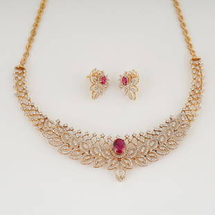 18 K Yellow Gold Diamond & Ruby Necklace with Earrings: RESERVE PRICE - 20000 $ 18 K / 750 Yellow Gold Diamond & Ruby Necklace with Earrings 18 K Hallmarked Yellow Gold Necklace Length - 18.5 Inches Earring measurements - 2