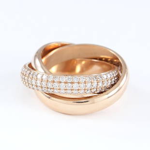 18 K / 750 Rose Gold CARTIER Style TRINITY Diamond Ring: RESERVE PRICE - 3000 $ 18 K / 750 Rose Gold CARTIER Style TRINITY Diamond Ring 18 K / 750 Hallmarked Rose Gold Gross Gold weight - 19.100 g Ring size - US 8 Total ct. W