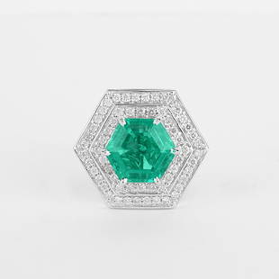 14 K / 585 White Gold Emerald & Diamond Ring: RESERVE PRICE - 20000 $ 14 K / 585 White Gold Emerald & Diamond Ring Gross gold weight - 10.150 g 14 K Hallmarked White gold Ring size - US 7