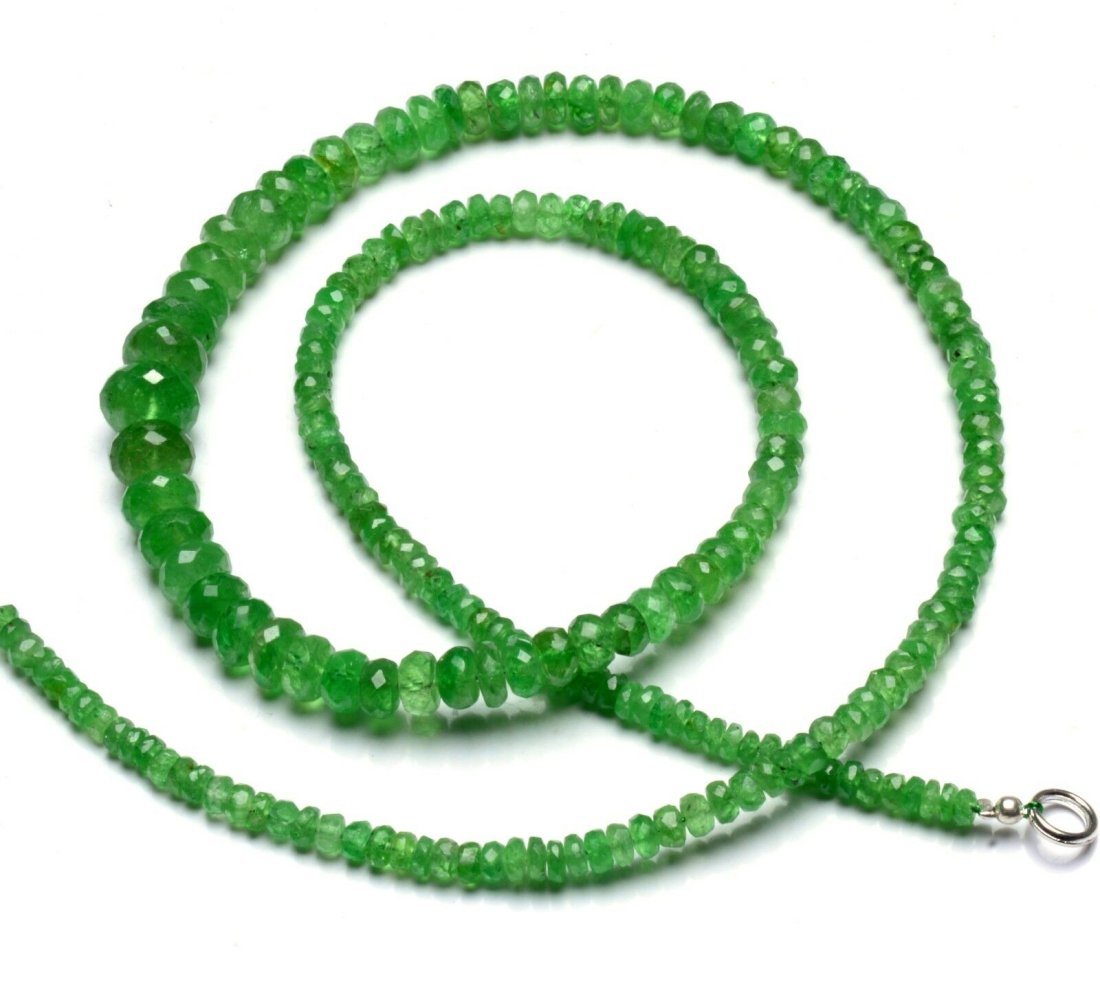95 ct. Natural Tsavorite Garnet Beads Necklace: 95.00 ct. Natural Tsavorite Garnet Rondelle Beads Single Strand Necklace Color - Green Shape - Faceted Rondelle beads Gem Weight - 95.00 ct. Size - 3 to 8 mm Approx.
