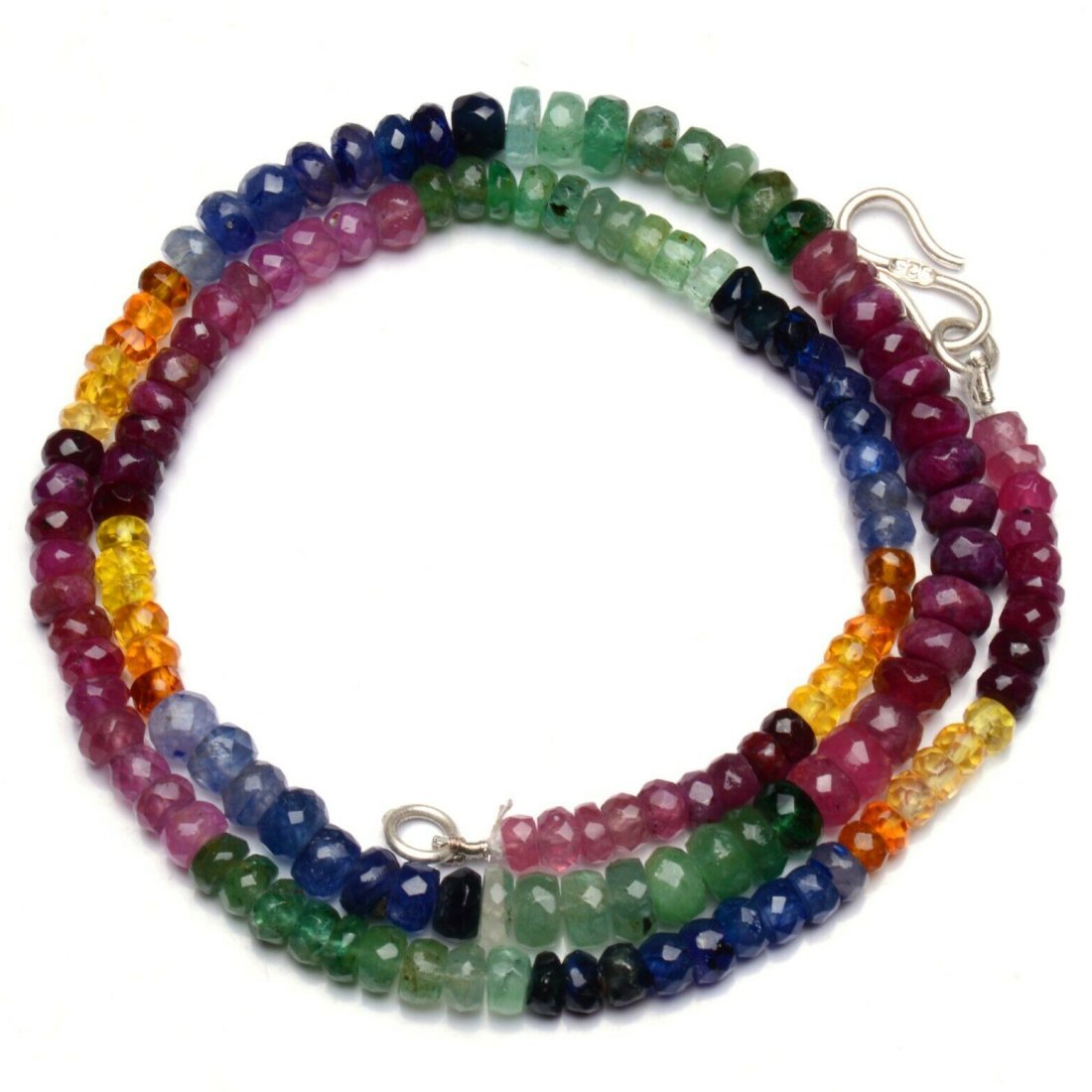 112 ct. Natural Emerald, Ruby & Sapphire Beads Necklace: 112.00 ct. Natural Emerald, Ruby and Sapphire Rondelle Beads Single strand Necklace Color - Multicolor Shape - Faceted Rondelle beads Gem Weight - 112.00 ct. Size - 4 to 6 mm Approx. With
