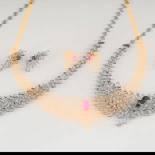 18 K Yellow Gold Diamond & Ruby Necklace with Earrings: 18 K / 750 Yellow Gold Diamond & Ruby Necklace with Earrings 18 K Hallmarked Yellow Gold Necklace Length - 18.5 Inches Earring measurements - 20 mm x 15 mm Necklace Chain with Safety Lock