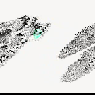 14 K / 585 White Gold Bvlgari style Serpenti Diamond and Emerald Ring: 14 K / 585 White Gold Bvlgari style Serpenti Diamond and Emerald Ring 14 K Hallmarked White Gold Gross gold Weight - 13.180 g Ring Size - US 7 Designed as a serpent with pear-shaped emerald