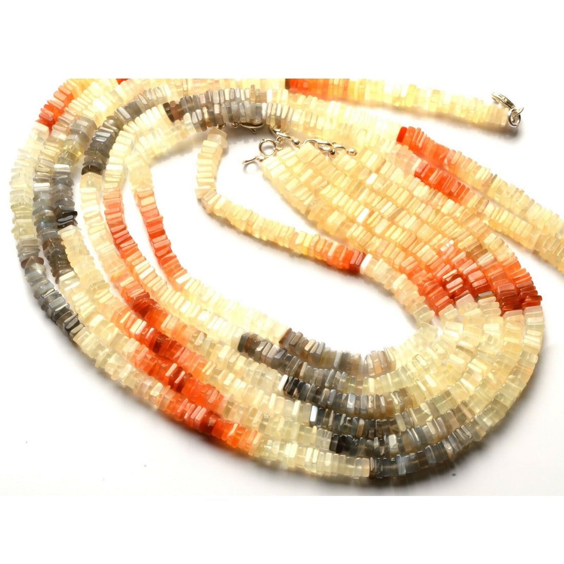 147.80 ct. Moonstone Square Heishi Beads Necklace: 147.80 ct. Multicolor Moonstone Square Heishi Beads Single Strand Necklace Color - Multicolor Shape - Square Heishi Beads Size - 5 mm Approx. Gem Weight - 147.80 ct. No. of necklace - 1