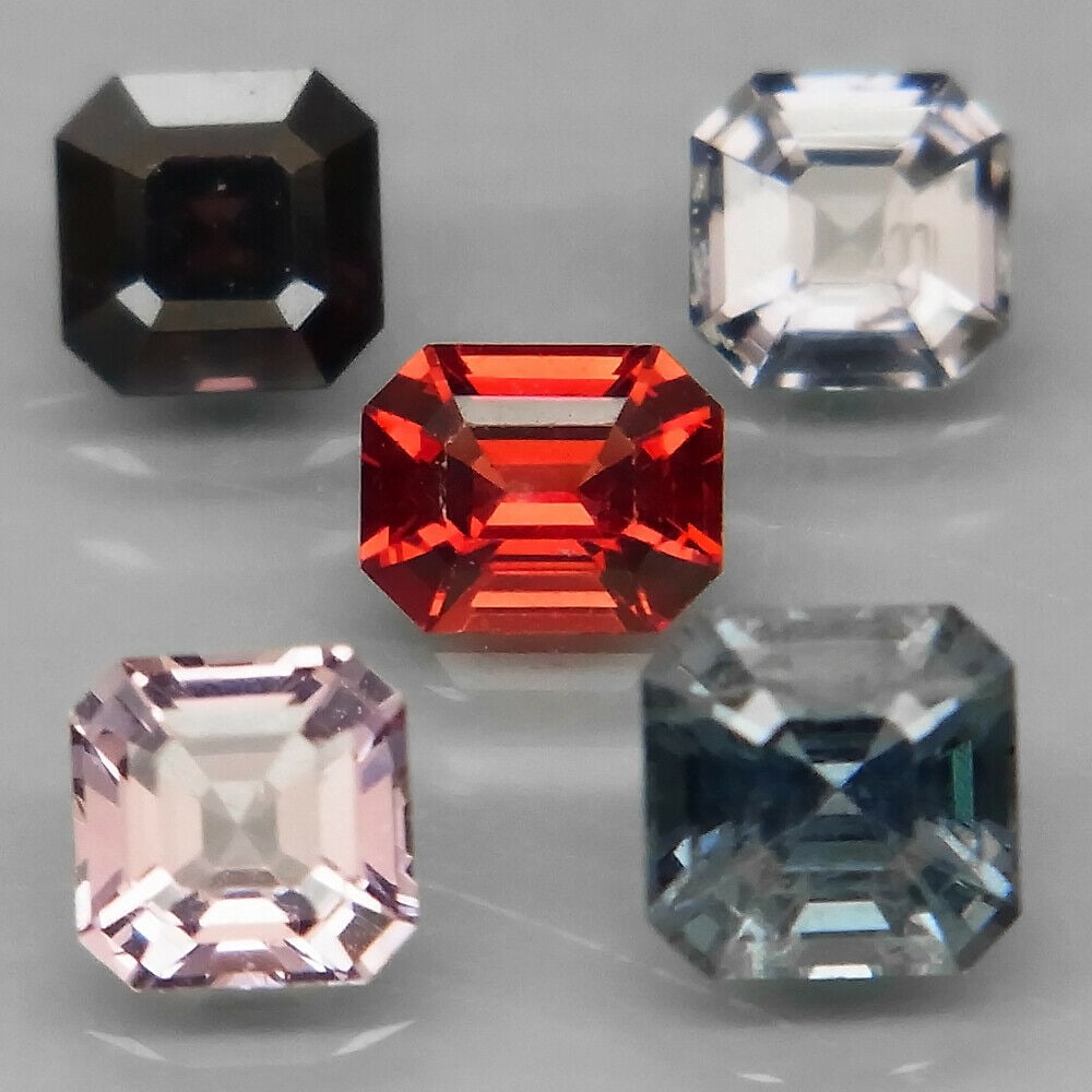 2.59 ct. Set of 5 Fancy Color Spinel - BURMA, MYANMAR: 2.59 ct. Set of 5 Fancy Color Spinel - BURMA, MYANMAR Color - Fancy color Clarity - VS & SI Cut - Emerald cut Ct. Weight - 2.59 ct. Size - 4.5 x 4.5 to 5 x 5 mm No. of Spinel - 5