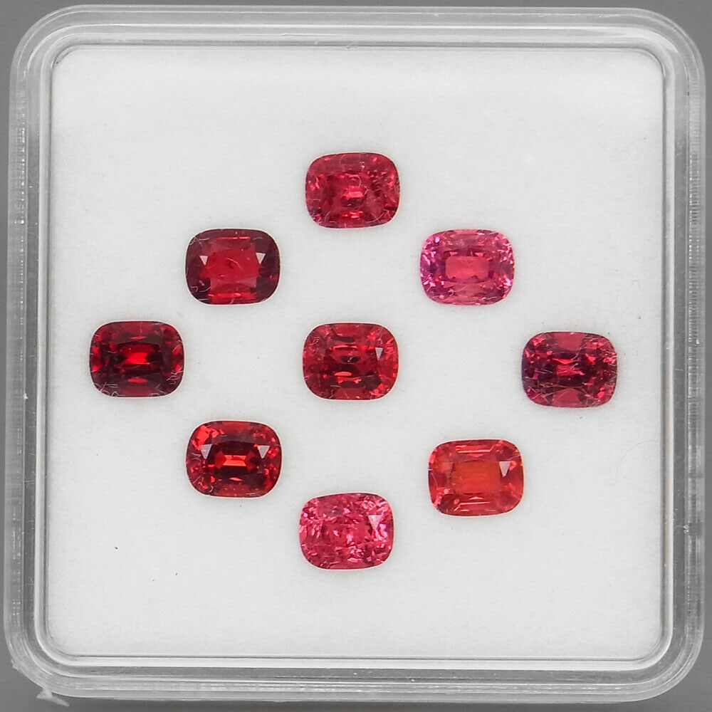 4.76 ct. Set of 9 Fancy Color Spinel - BURMA, MYANMAR: 4.76 ct. Set of 9 Fancy Color Spinel - BURMA, MYANMAR Color - Fancy color Clarity - VS & SI Cut - Cushion Ct. Weight - 4.76 ct. Size - 5 x 4 mm No. of Spinel - 9 Origin -