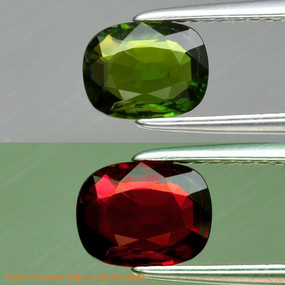 1.09 ct. Unheated Green Chrome Tourmaline - MOZAMBIQUE: 1.09 ct. Natural Unheated Green Chrome Tourmaline - MOZAMBIQUE, AFRICA Color - Color change from Green to Red Cut - Cushion Clarity - SI1 Ct. wt. - 1.09 ct. Dimensions - 7.30 x 5.70 x 3.10 mm<