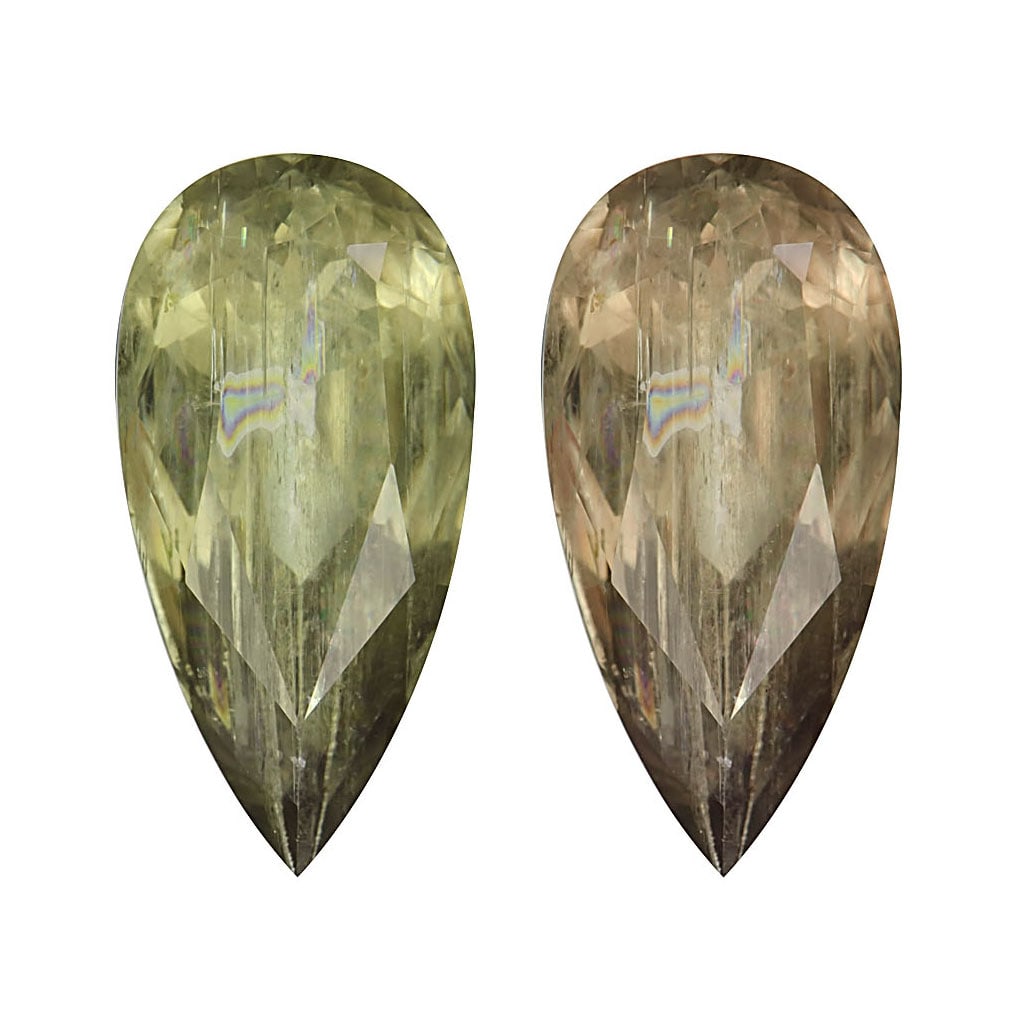 GIA Certified 25.86 ct. Color Changing Diaspore- TURKEY: GIA Certified 25.86 ct. Color Changing Diaspore- TURKEY Cut - Pear Modified Brilliant cut Color - Yellowish Green changing to Pinkish Brown Ct. Weight - 25.86 ct. Clarity - SI Dimensions - 28.
