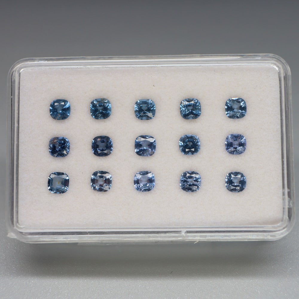 HGL Certified 5.32 ct. Spinel Lot - BURMA: HGL Certified 5.32 ct. Spinel Lot Color - Blue Cut - Cushion Ct. Weight - 5.32ct. Dimensions - 4 x 4mm Treatment - None Clarity - VS & SI No. of spinel - 15 O