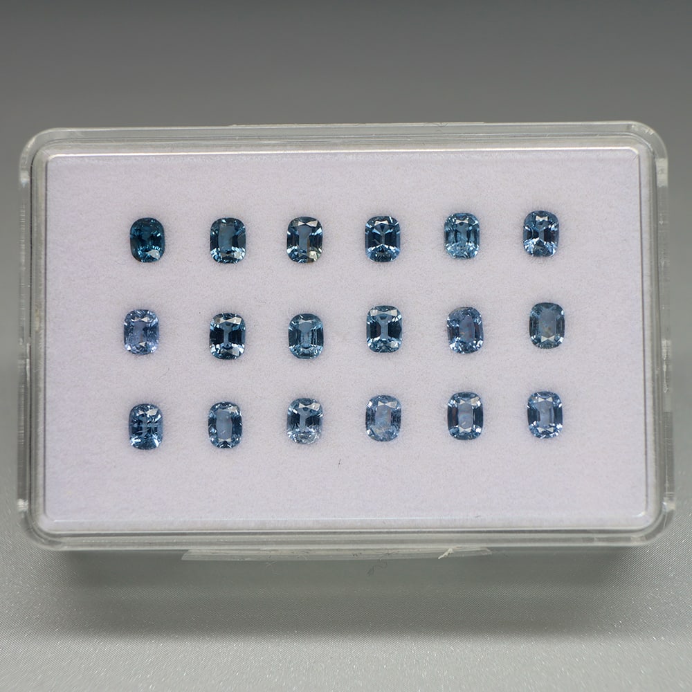 HGL Certified 4.17 ct. Spinel Lot - BURMA: HGL Certified 4.17 ct. Spinel Lot Color - Blue Cut - Cushion Ct. Weight - 4.17ct. Dimensions - 4 x 3mm Treatment - None Clarity - VS & SI No of spinel - 18 OR
