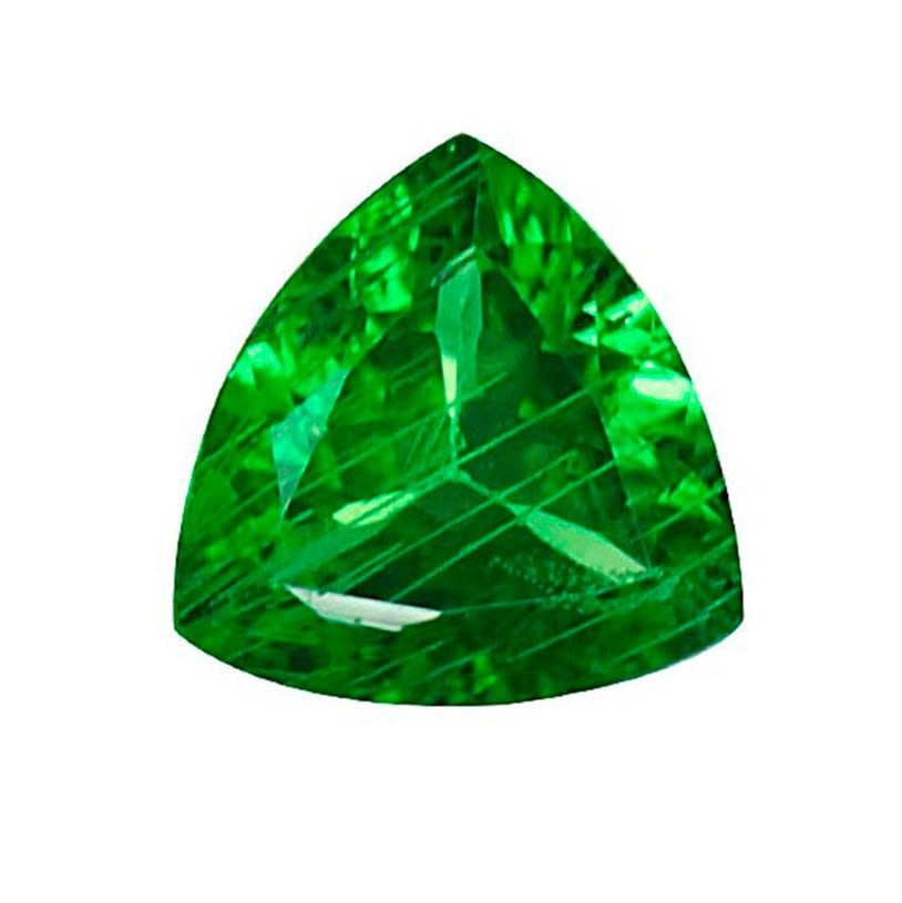 GIA Certified 1.34 ct. Tsavorite Garnet Untreated KENYA: GIA Certified 1.34 ct. Tsavorite (Grossularite - Garnet) Untreated KENYA Cut - Triangular Modified Brilliant Cut Color - Green Clarity - VVS Ct. Weight - 1.34 ct. Dimensions – 7.41 X 7.57