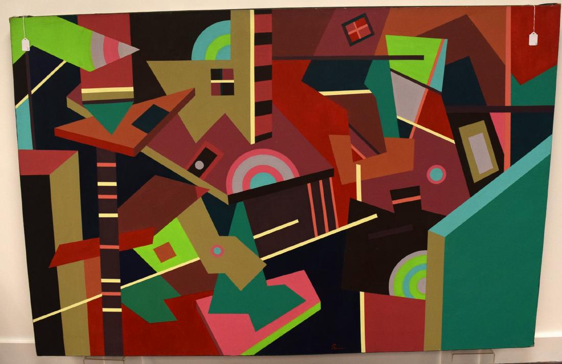 PETER BUSA ABSTRACT OIL PAINTING:: Peter Busa (Italian/American 1914-1985). Large abstract oil on canvas, ca 1950’s. Very large colorful painting measures 48 inches x 78 inches. Busa lived in Pittsburg, Pennsylvania and New York and