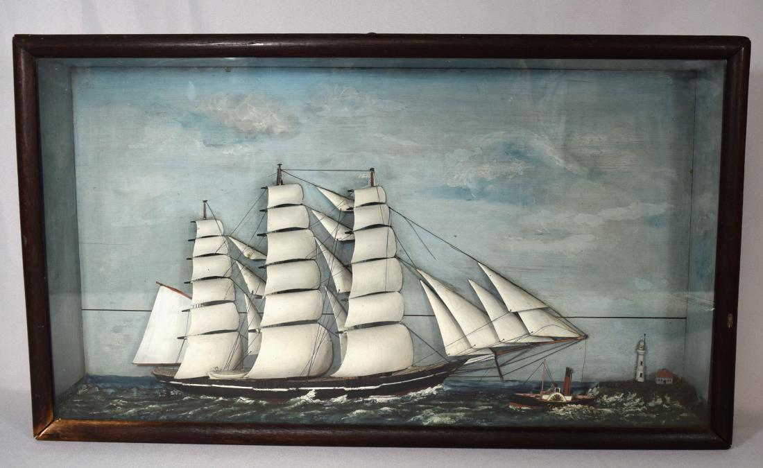 MID 19TH C AMERICAN TALL SHIP SHADOW BOX DIORAMA:: Depicts caliper ship in full sail approaching a side-wheeler with pilo boar and lighthouse. Measures 15 ½ inches tall x 27 inches wide x 4 inches deep. All original.