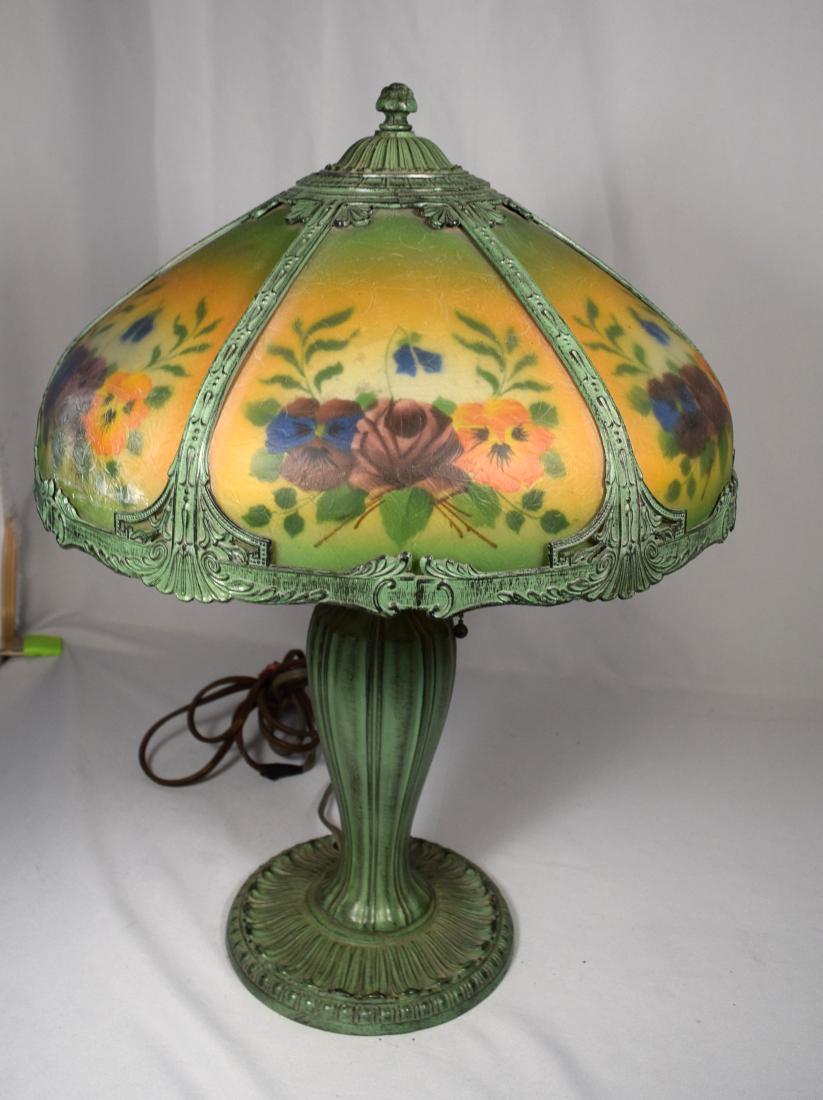 SIX PANEL REVERSE PAINTED SLAG GLASS TABLE LAMP