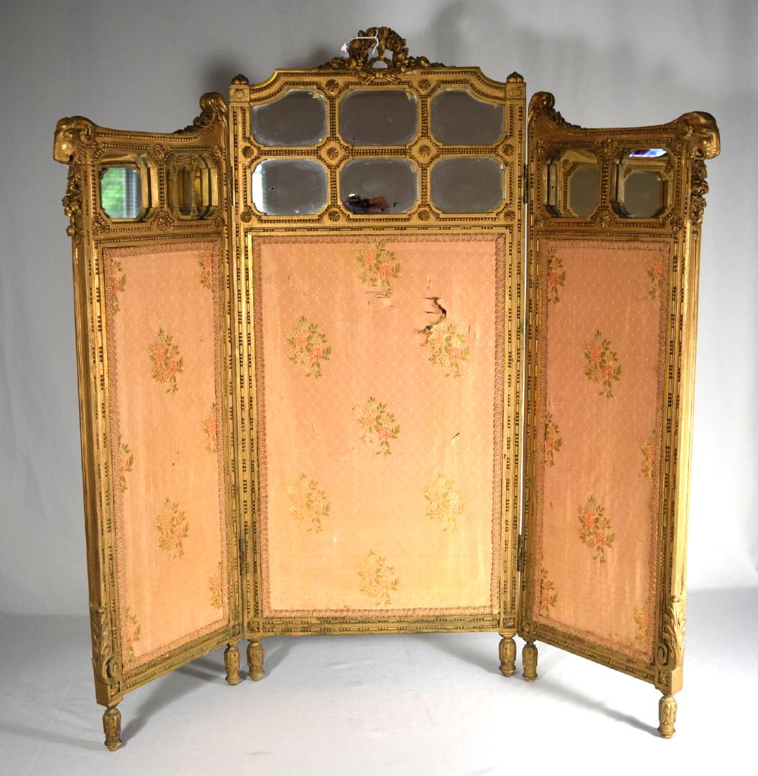 FRENCH GILTWOOD FOLDING TABLE SCREEN:: Three-fold, carved and gilded rams head accents, silk fabric panels. Mirror top.