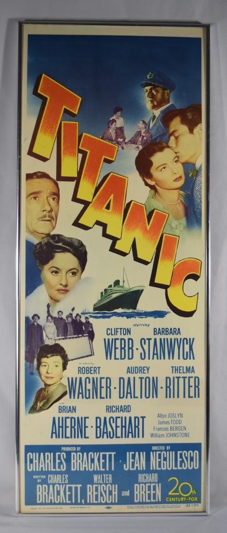 TITANIC 1953 ORIGINAL MOVIE POSTER:: Insert sized 36 inch x 14 inch poster. 20th C Fox first movie of the sinking of the Titanic. Starring Barbara Stanwick, Clifton Webb, Robert Wagner, Audrey Dalton, Thelma Ritter, Brian Aherne and Rich