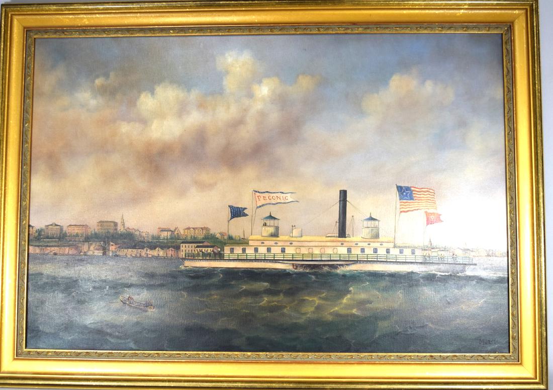 NEW YORK LONG ISLAND FERRY PAINTING:: Oil on canvas. 20th century. American star flag with ship flag PECONIC. Signed Martz. Measures 24 inches x 36 inches, gilt frame